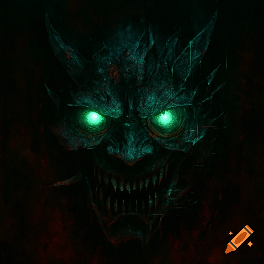 A dark, monstrous face with glowing green eyes and sharp fangs, stylized as a digital horror creature.