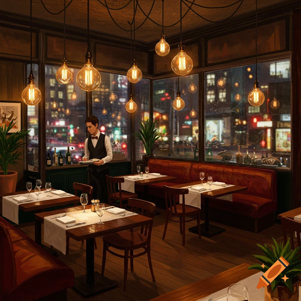 A dimly lit, cozy restaurant interior at night, with a waiter, empty tables, and a blurred city view through large windows.