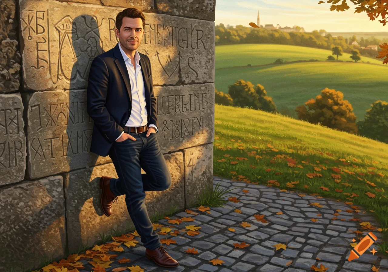 A man in a dark suit jacket and jeans leans against an ancient stone wall with carved text, autumn leaves scattered on a cobblestone path, and rolling green hills in the background at sunset.