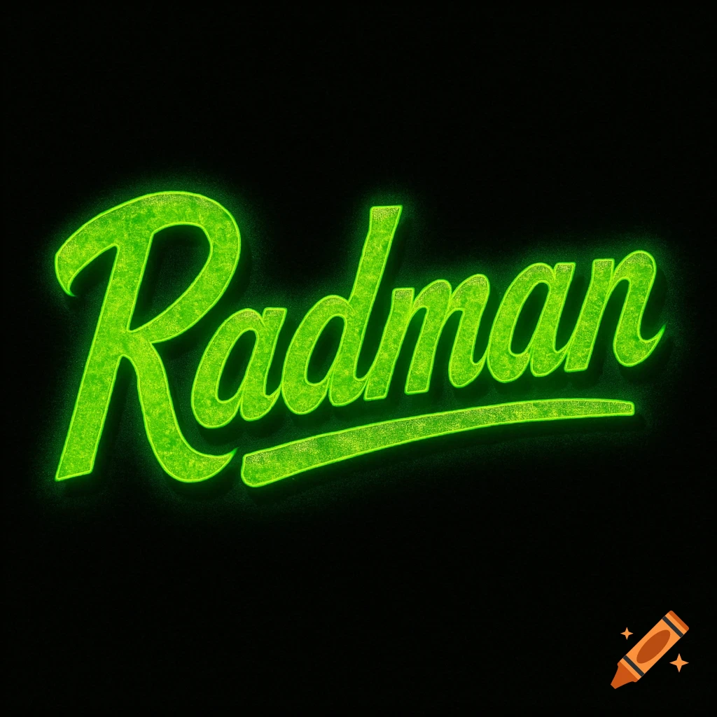 Green neon-style text logo for 'Radman' with a radioactive texture on a black background.