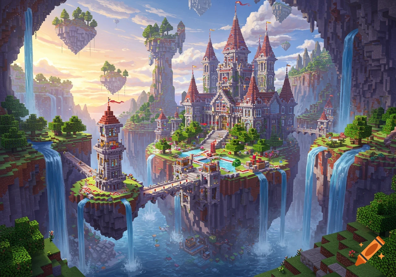 A detailed Minecraft-style fantasy landscape featuring a grand castle on a floating island, surrounded by waterfalls and smaller islands.
