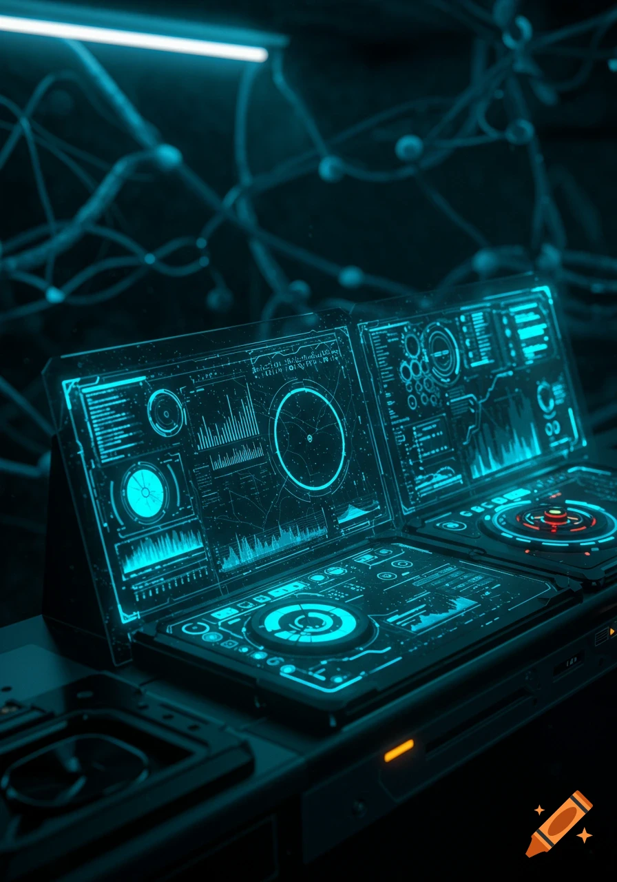 A futuristic control panel with multiple glowing blue holographic screens displaying complex data and intricate interfaces, set in a dark, tech-filled environment.