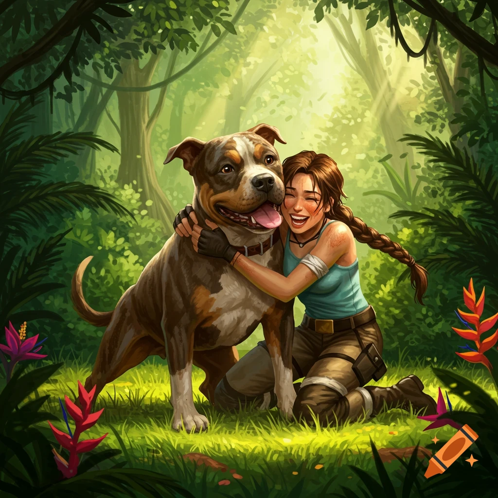 Lara Croft hugging a happy Pitbull dog in a vibrant jungle setting, digital illustration.