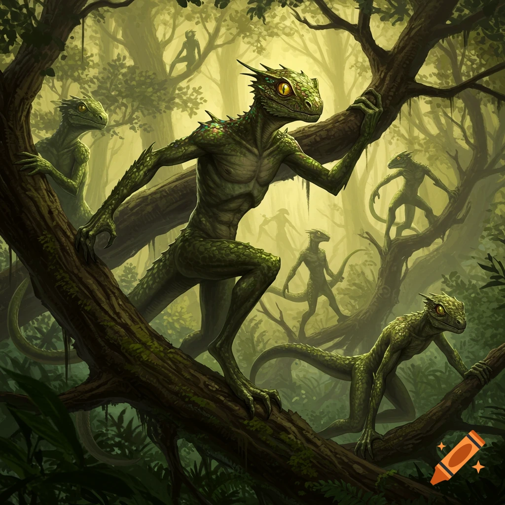 Green reptilian humanoids with long tails and spines climb through a dense, misty jungle, some on tree limbs, others on the ground.