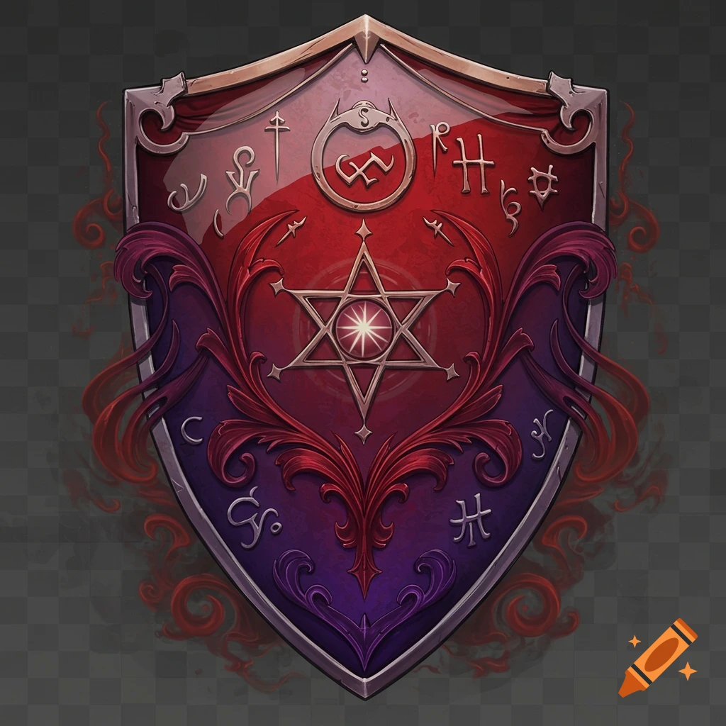An ornate fantasy shield, colored dark red and purple, adorned with intricate silver and gold filigree, arcane symbols, and a central glowing six-pointed star. It has a transparent background.