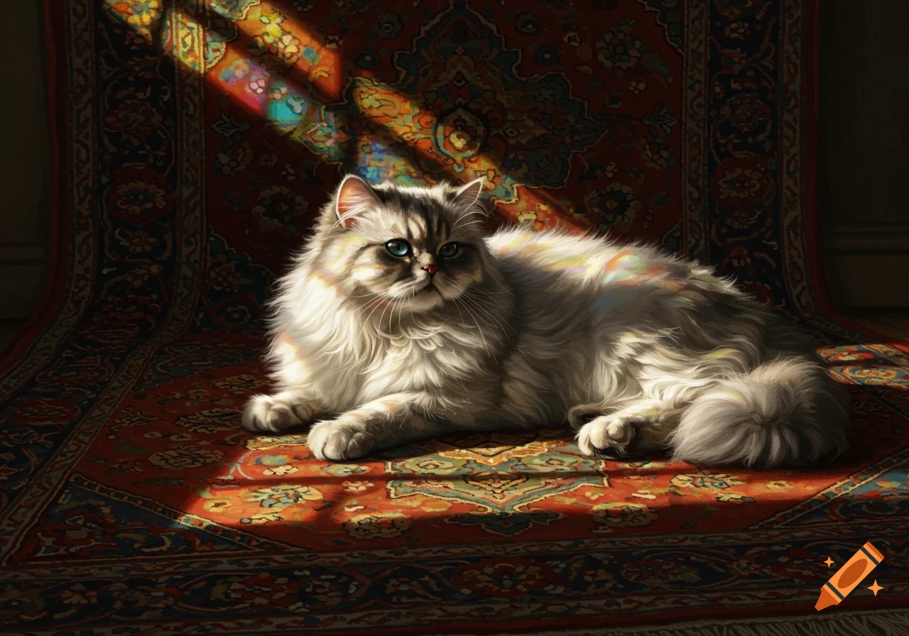 A fluffy Persian cat with blue eyes lies on a richly patterned Persian rug, illuminated by colorful light rays.