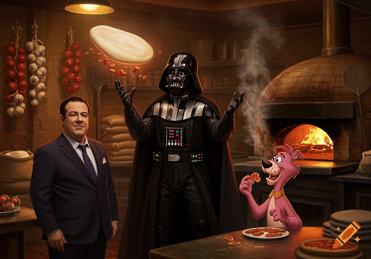 Darth Vader uses the Force to toss pizza dough in a pizzeria, with Tony Soprano smiling beside him and Snagglepuss eating pizza on the right.