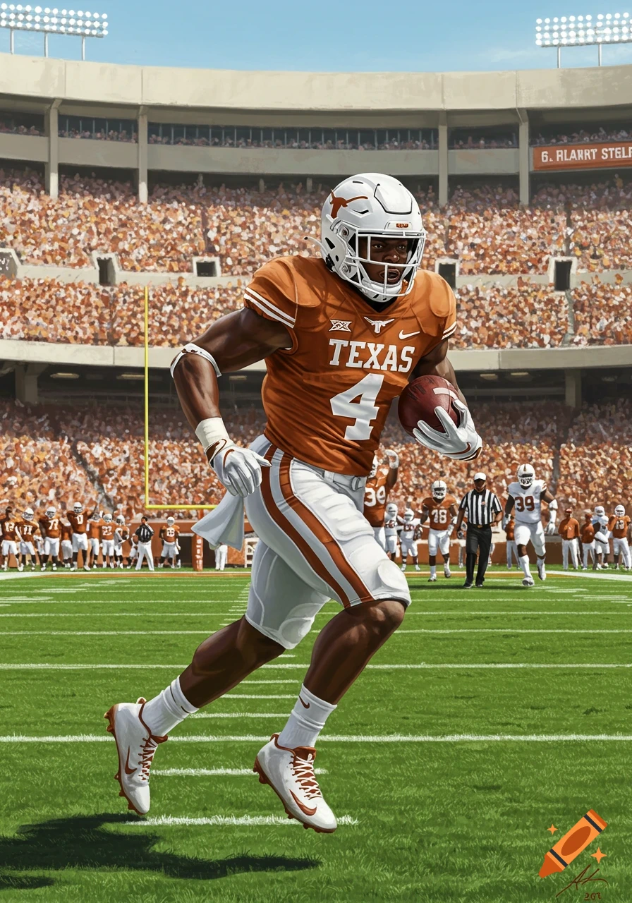 An American football player in an orange and white uniform runs with the ball on a stadium field during a game, with a crowd in the background.