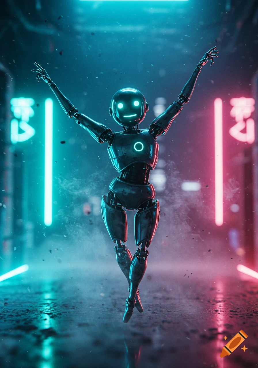A stylized robot with a spherical head and smiley face, floating with arms outstretched in a futuristic, neon-lit hallway with blue and pink lights.