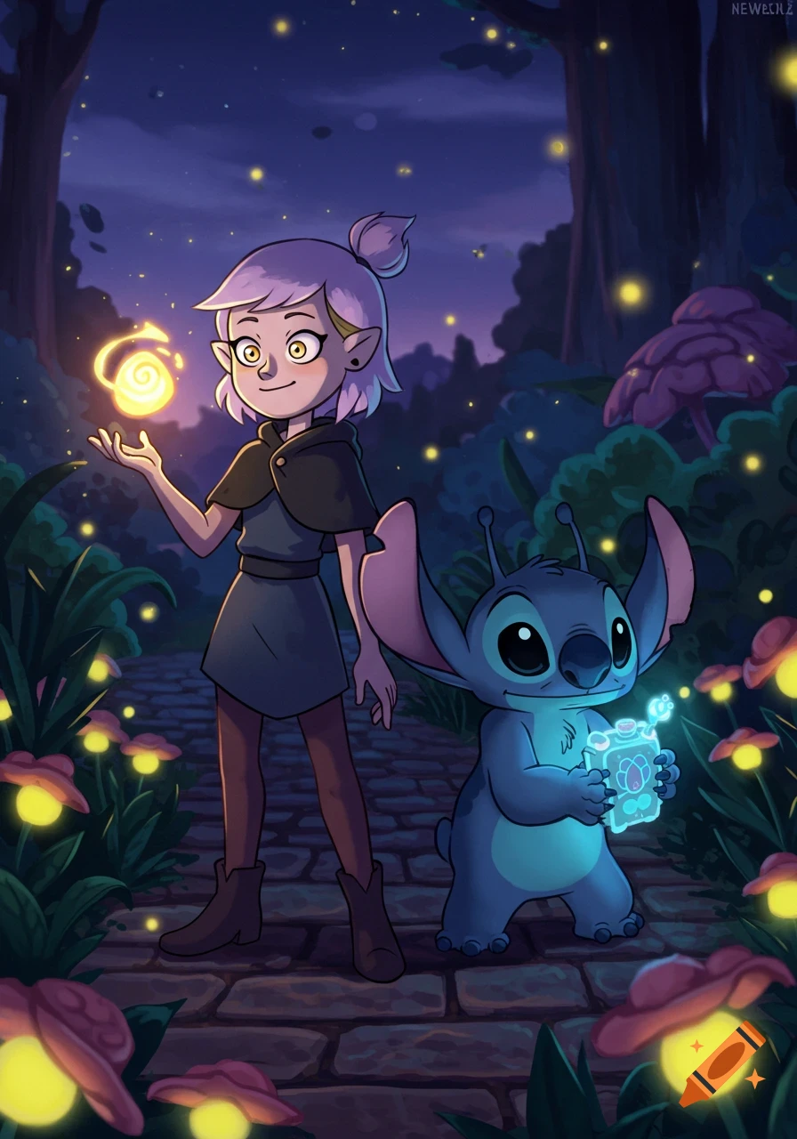 Amity Blight and Stitch stand in a glowing, dark fantasy forest. Amity holds a light orb, Stitch a glowing bottle.