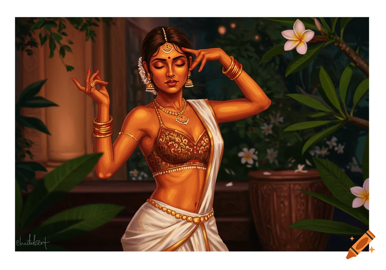 Painting of a young Indian woman in traditional attire and jewelry, striking a classical dance pose amidst lush greenery.