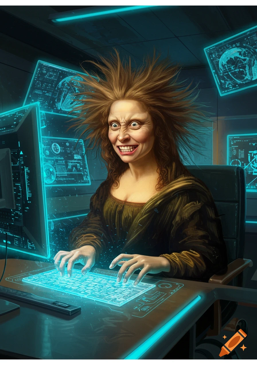 A crazed, wild-haired Mona Lisa with a wide grin types on a glowing holographic keyboard in a futuristic control room.