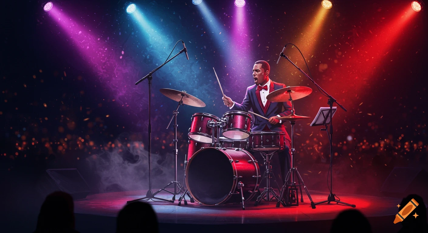 A man in a suit playing a red drum kit on a stage, illuminated by vibrant pink, blue, yellow, and red concert lights, with confetti effects.