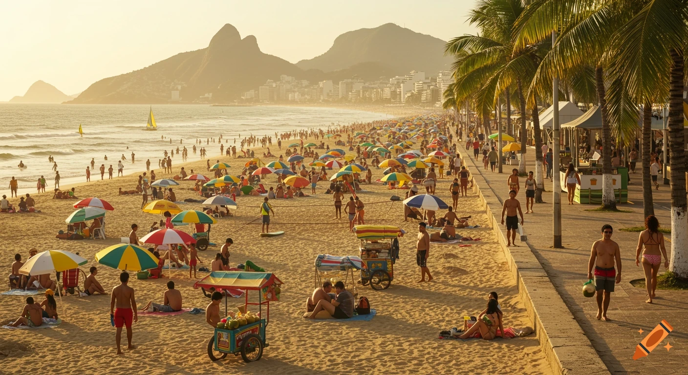 Photorealistic scene of a crowded Brazilian beach at sunset, with colorful umbrellas, people on sand, and a promenade with palm trees.