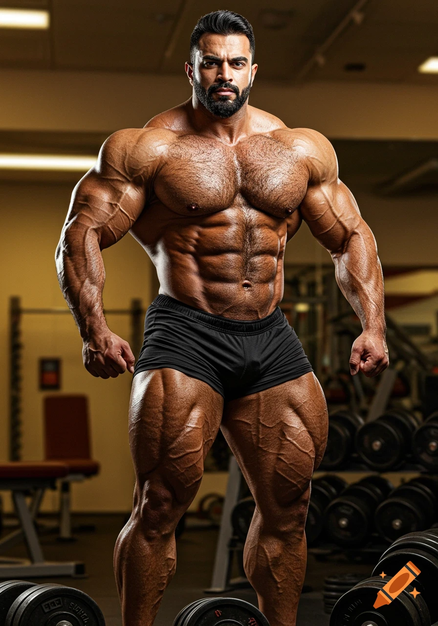 A very muscular, hairy bodybuilder with a beard poses in black gym shorts in a gym, with weights visible in the background.