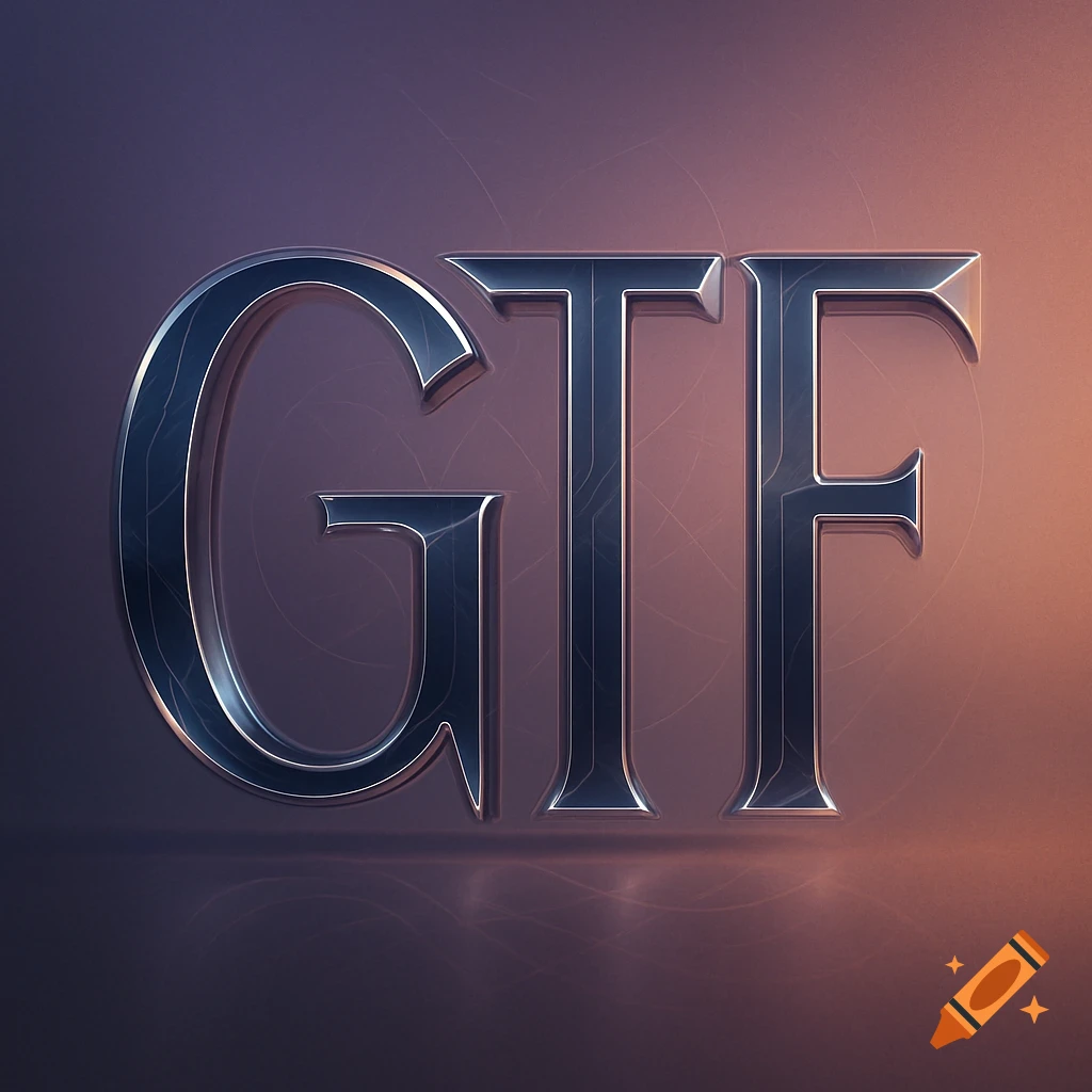 Stylized metallic 3D rendering of the letters GTF against a purple and orange gradient background.