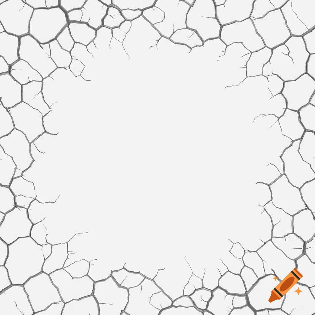 Abstract pattern of dark grey cracks spreading inward from the edges on a white background.