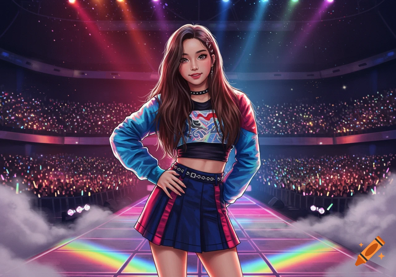 A vibrant illustration of a K-pop idol with long brown hair and a crop top on a brightly lit concert stage with a crowd.