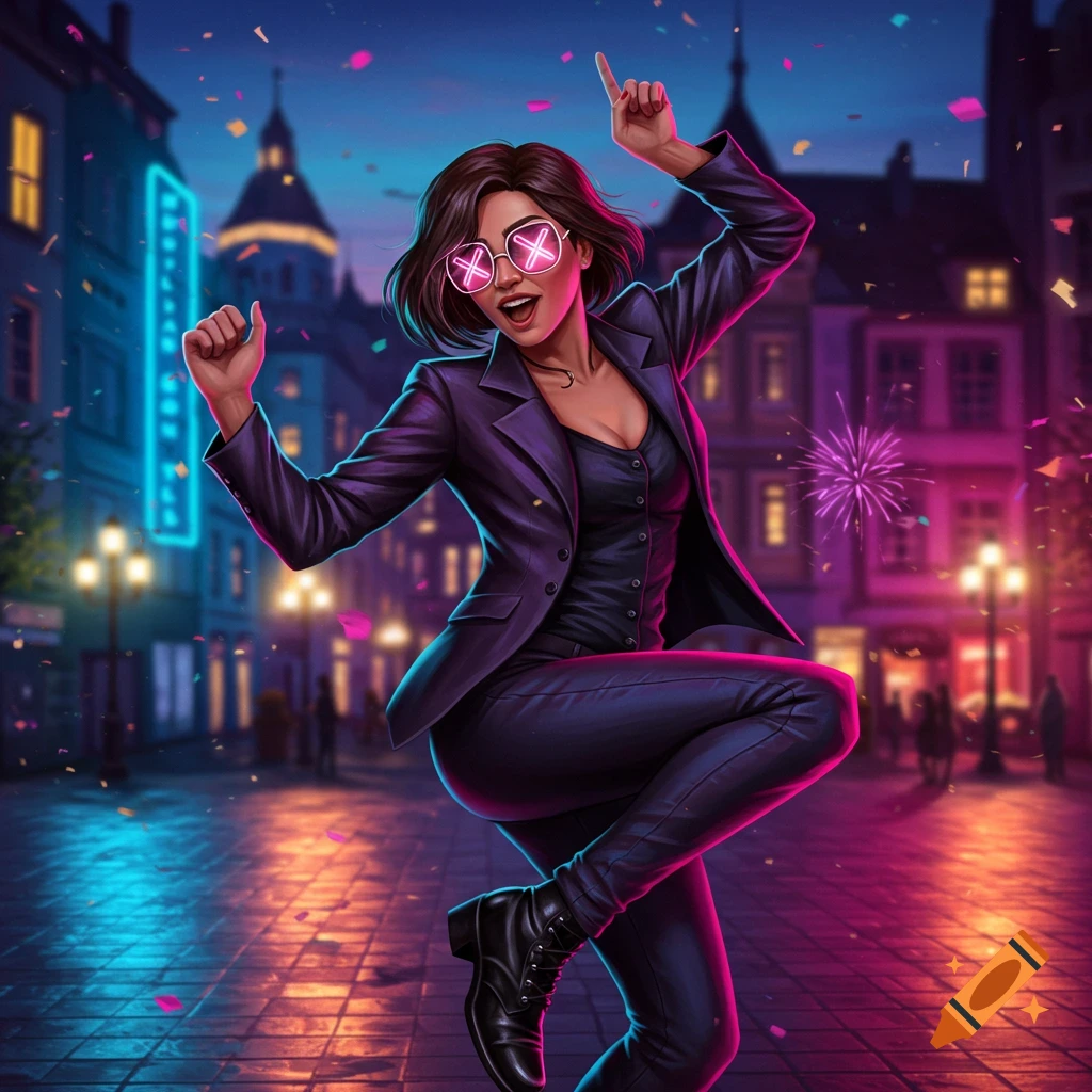 Woman in a purple suit and neon glasses dances energetically in a vibrant, neon-lit cityscape at night with confetti.