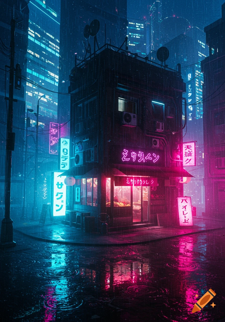 A cyberpunk city street at night, a Japanese ramen shop glowing with blue and pink neon lights, reflected on the wet, rainy pavement.