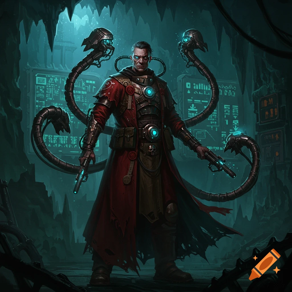 A grimdark Adeptus Mechanicus tech-priest stands in a cave, armed with two pistols and four glowing mechadendrites from his back.