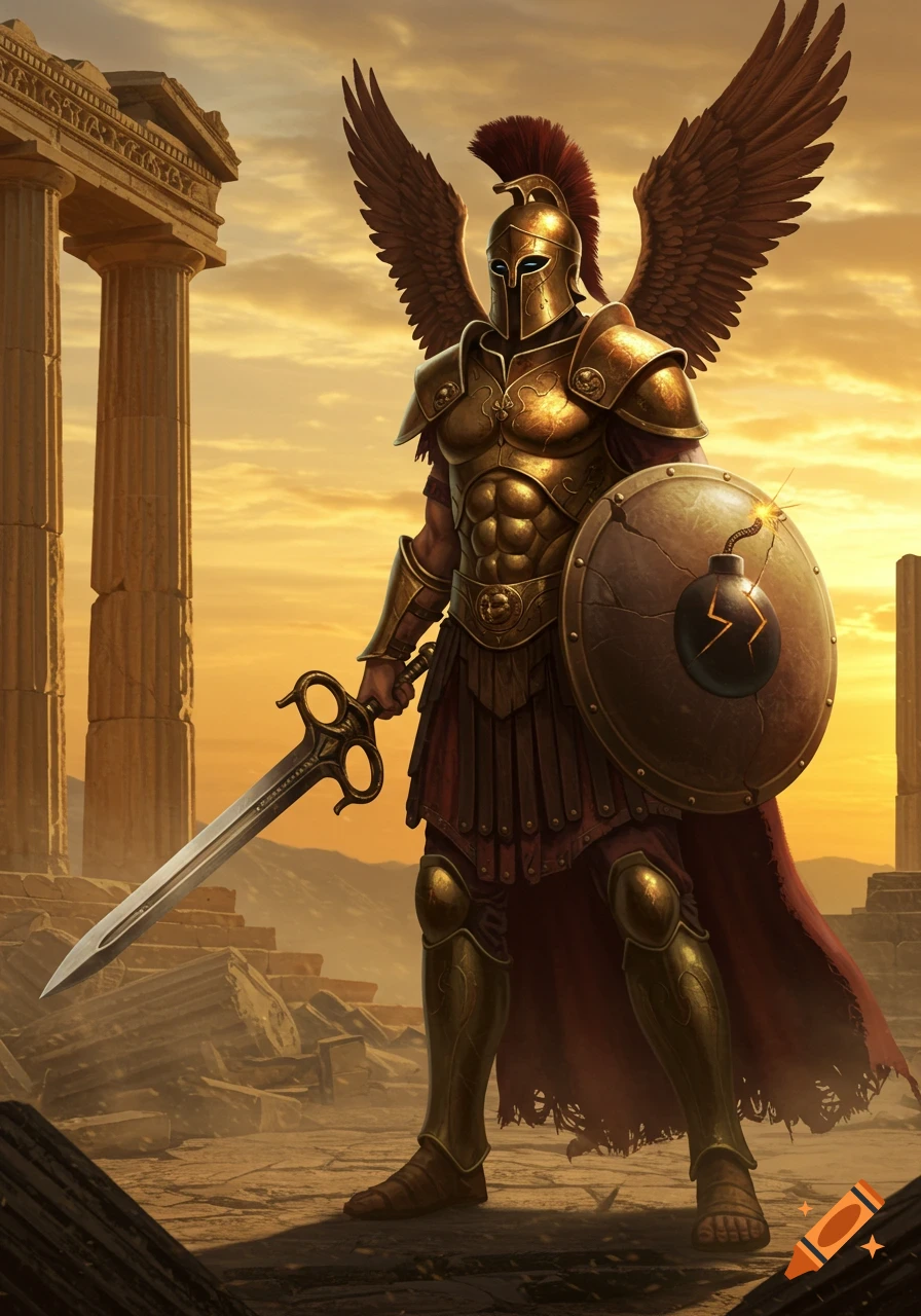 A winged warrior in golden armor with a sword and a bomb-emblazoned shield stands amidst ancient Greek ruins at sunset.