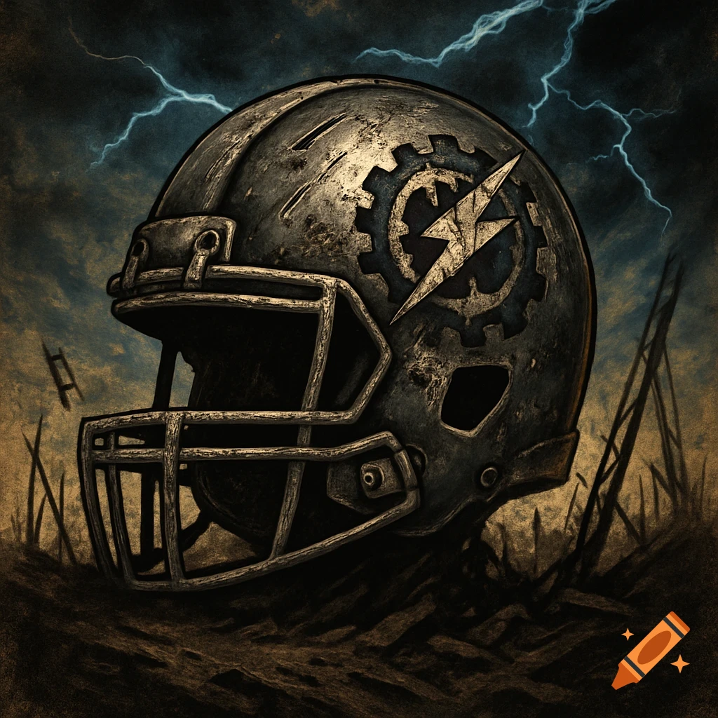 Distressed metallic football helmet with a gear and lightning bolt logo in a dark, stormy post-apocalyptic landscape.