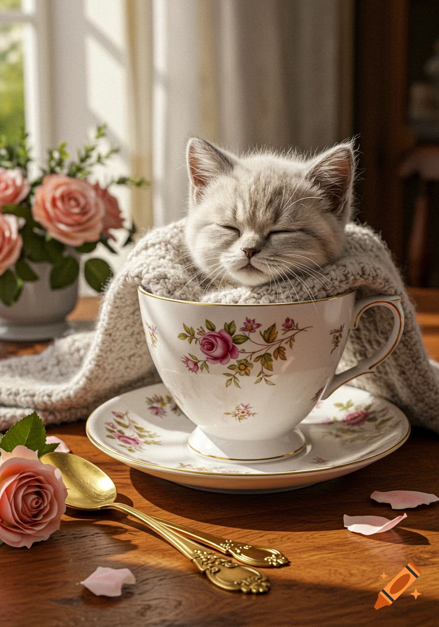 A cute grey kitten sleeping cozily inside a floral teacup, wrapped in a soft blanket, next to roses and gold spoons on a wooden table.