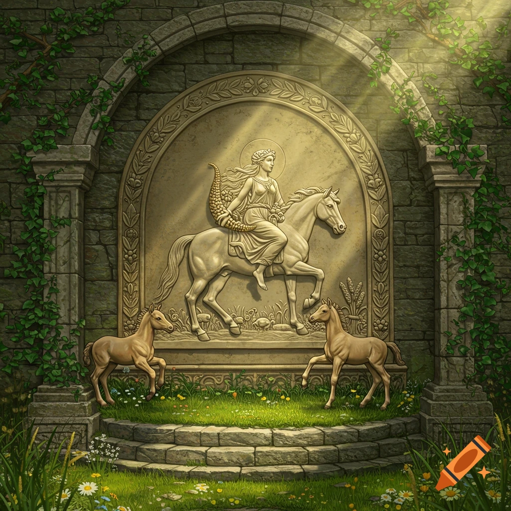A stone bas-relief of the Goddess Epona riding a mare sidesaddle, holding a cornucopia, flanked by two foals, set in an ancient, ivy-covered shrine with sun rays.