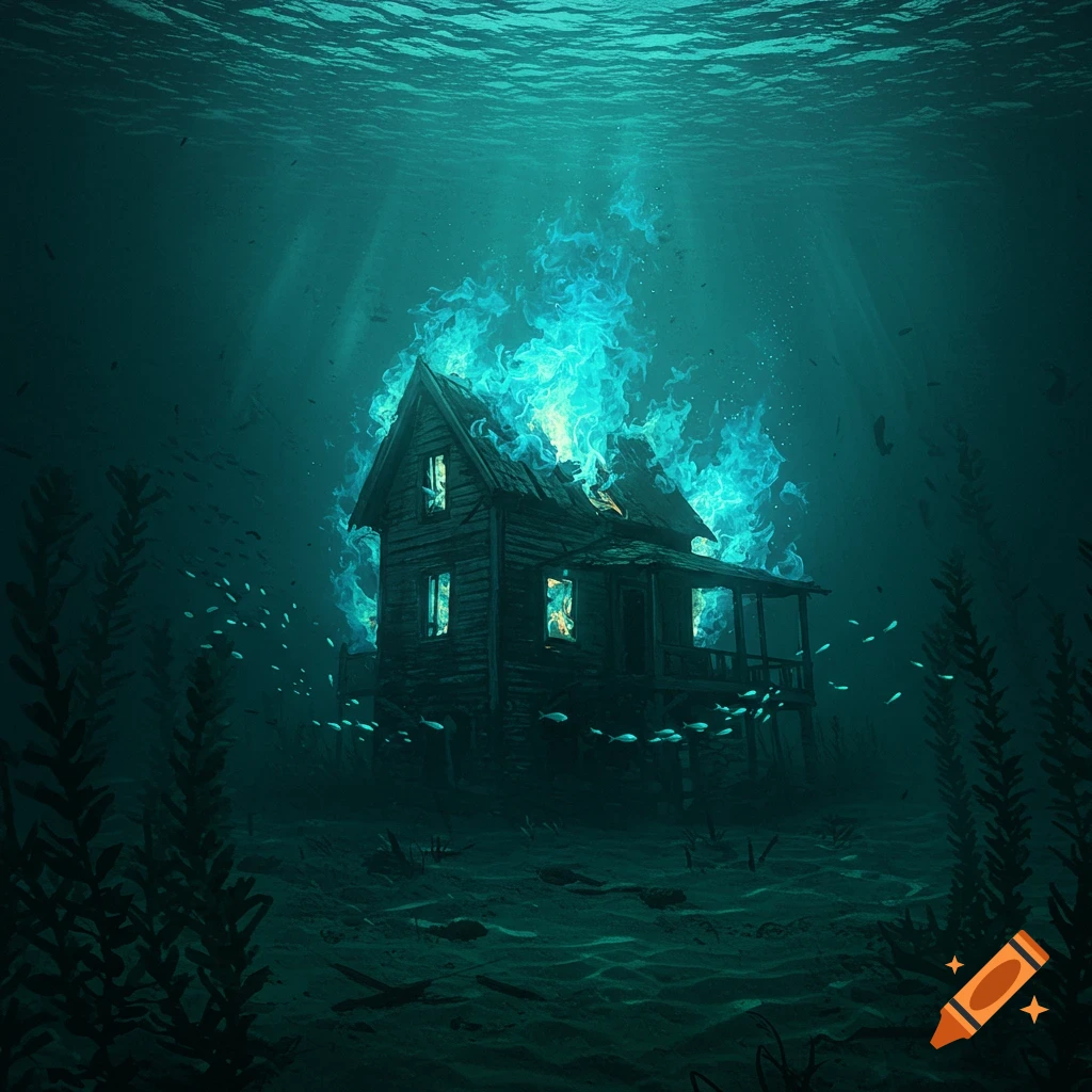 A dark, surreal image of a dilapidated wooden house on fire with blue flames, submerged deep underwater with fish.