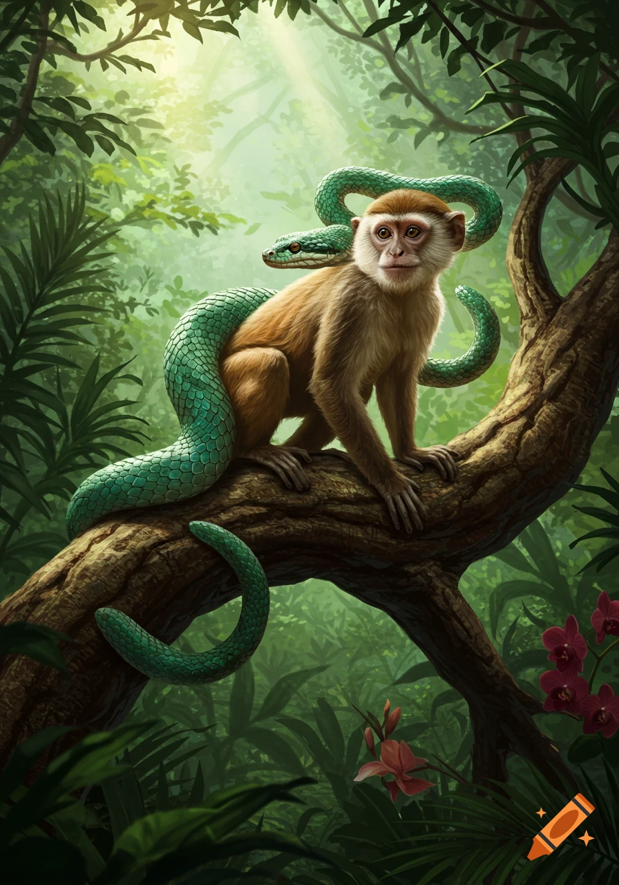A detailed illustration of a monkey sitting on a tree branch, with a green snake wrapped around it, in a sunlit jungle.