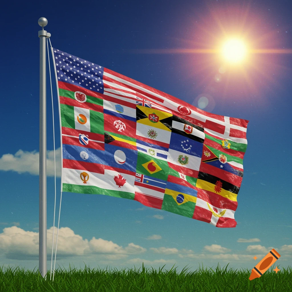 A large, composite flag made from numerous national flags waves on a pole against a bright blue sky and green grass.
