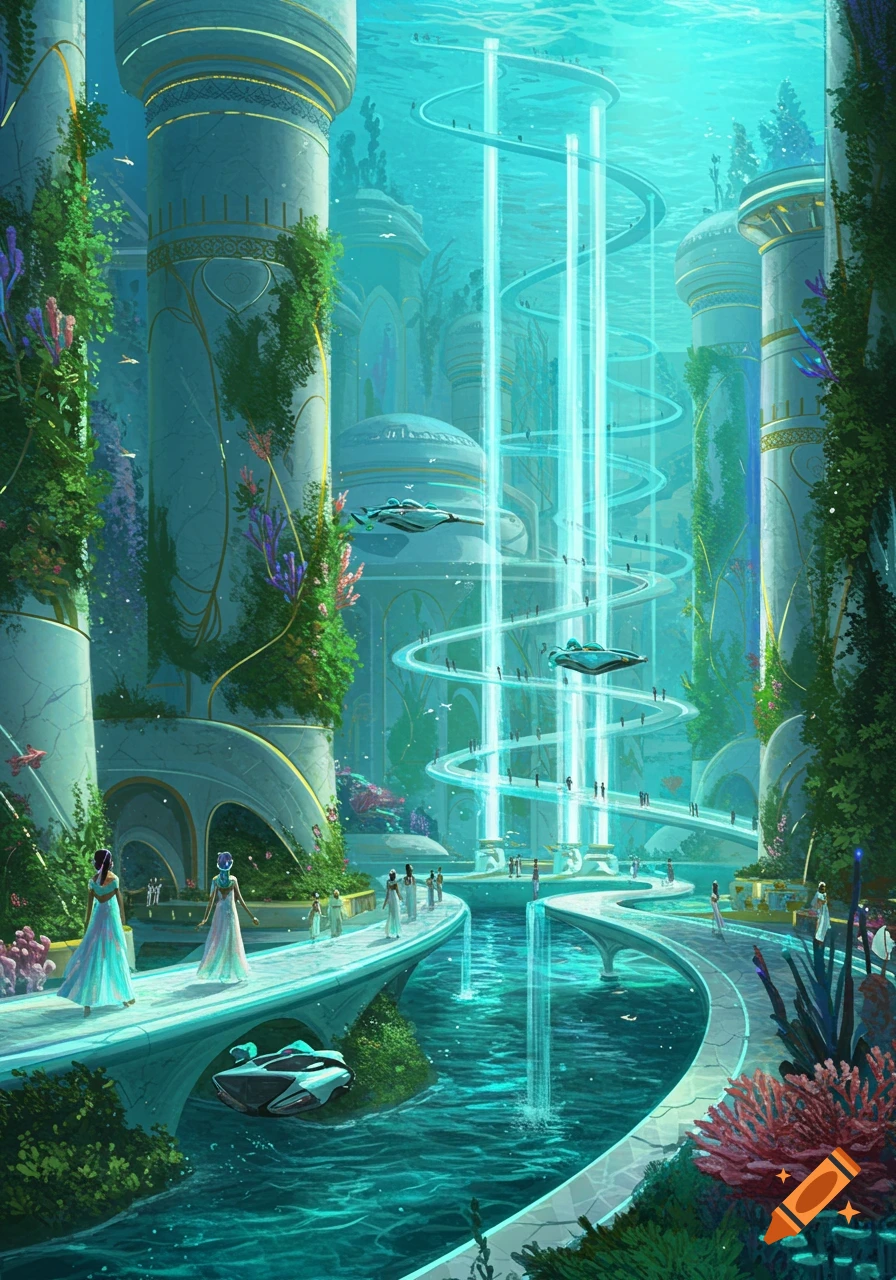 Vibrant illustration of a futuristic underwater city with towering structures, glowing energy, flying vehicles, and winding paths populated by people.