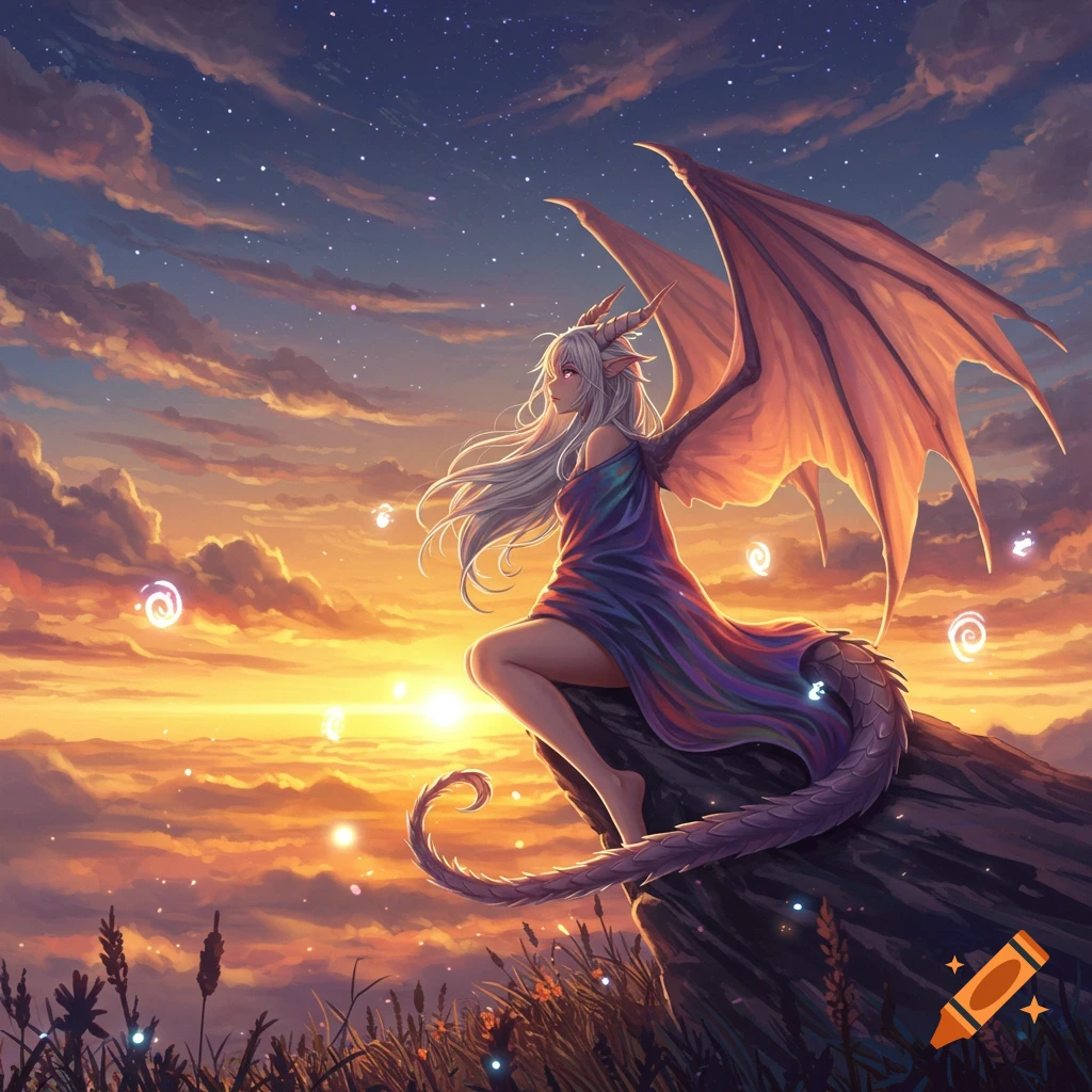 Anime dragon girl with white hair and wings sits on a cliff, gazing at a vibrant sunset sky filled with stars and glowing orbs.