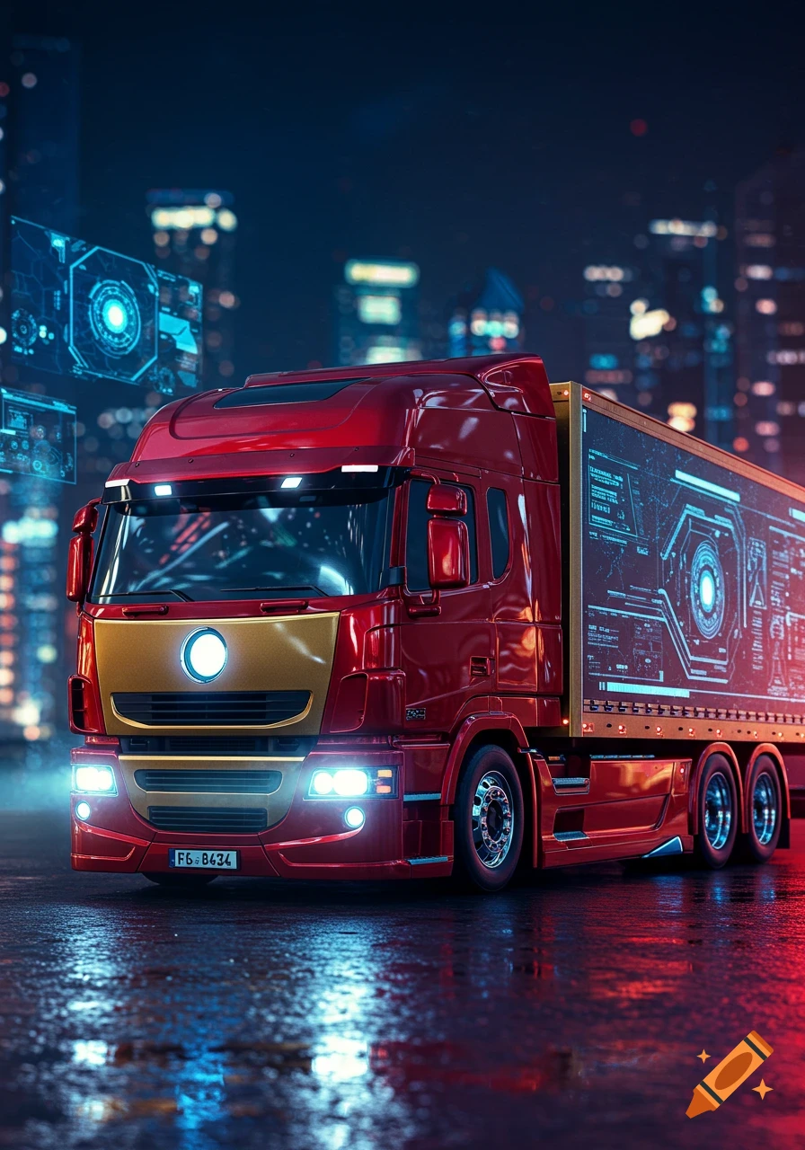 A sleek, red and gold Iron Man-themed semi-truck with glowing lights and futuristic holographic displays on its trailer, parked on a wet street at night with a blurred city background.