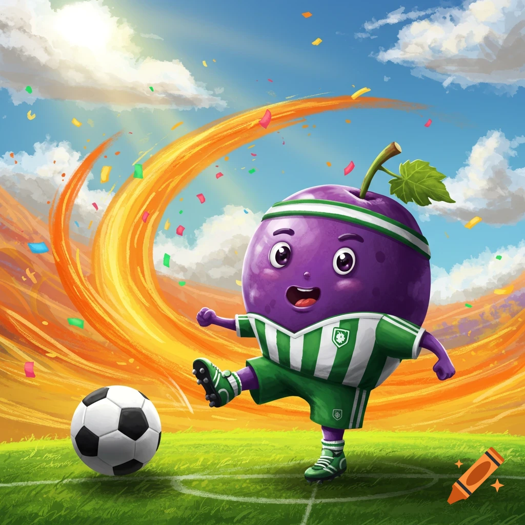 A cheerful, purple, plum-like cartoon character in a green and white soccer uniform kicks a ball on a sunny field with confetti.