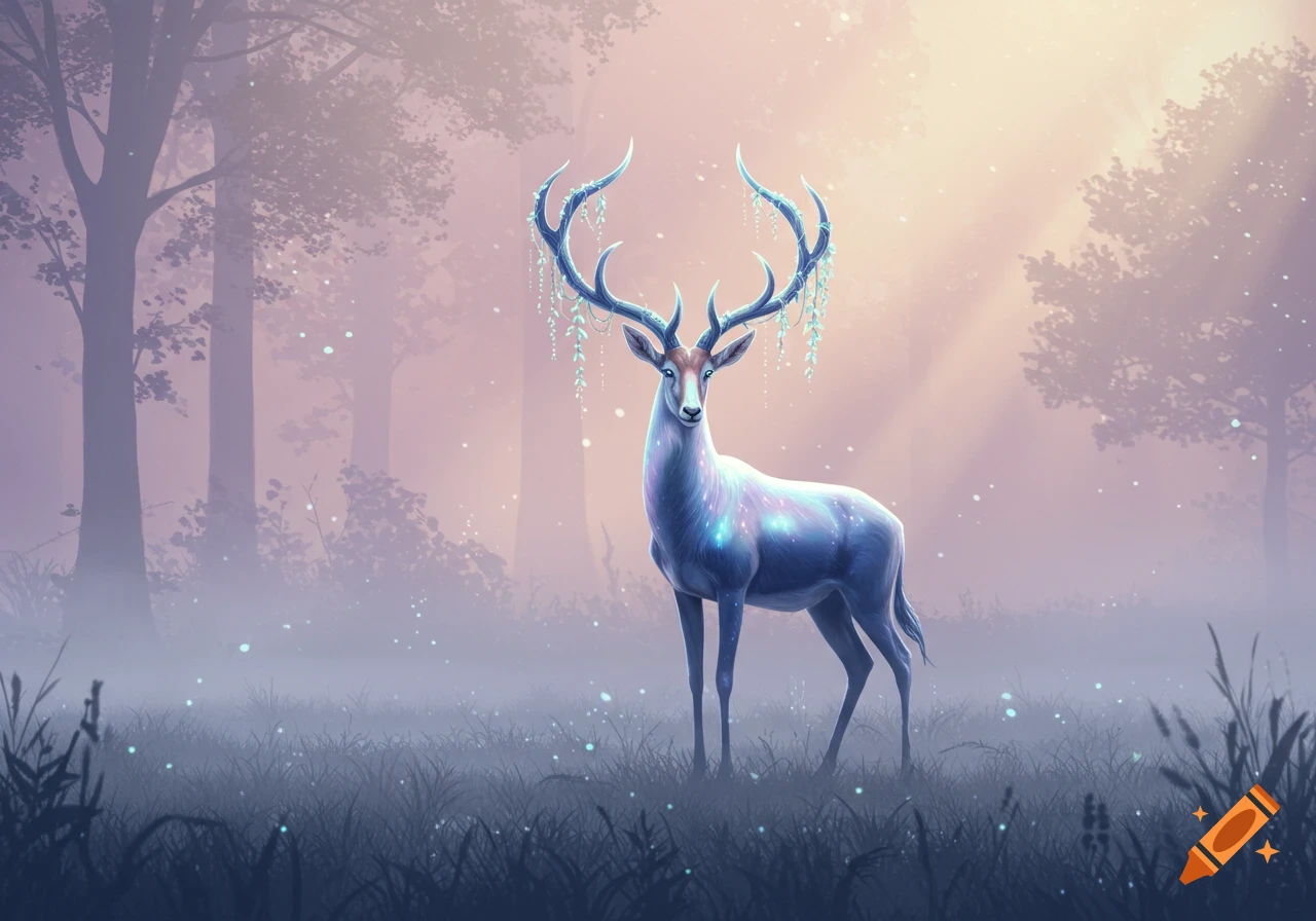 A mystical deer with glowing spots and large, ornate antlers adorned with glowing vines stands in a foggy, magical forest at dawn.