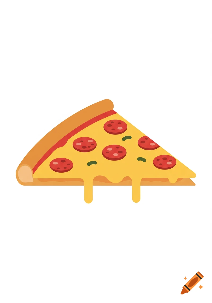 A minimalist graphic illustration of a pizza slice with pepperoni and green peppers, with melting cheese.