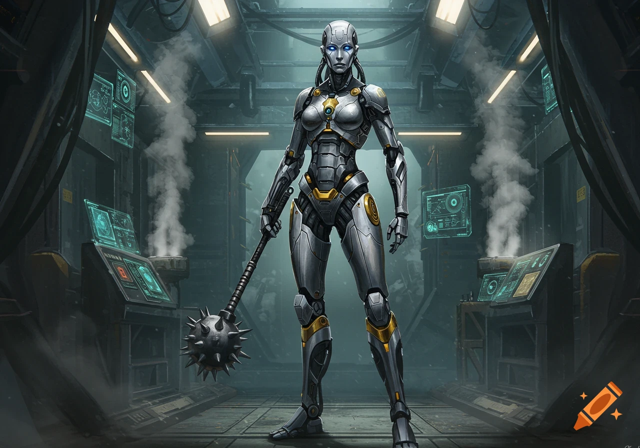 A female robot with glowing blue eyes, holding a spiked mace, stands in a futuristic, industrial room with glowing screens and steam.