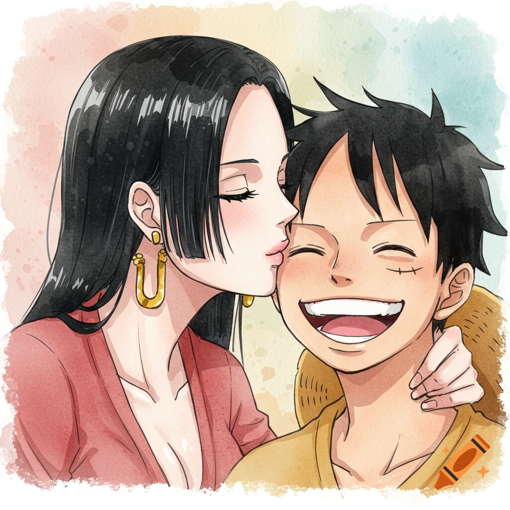 A watercolor painting of Boa Hancock kissing Monkey D. Luffy's cheek, who is smiling broadly.