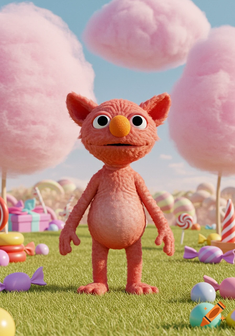 A pink, furless, muppet-like creature with big eyes stands in a vibrant candy land with cotton candy clouds and colorful sweets.