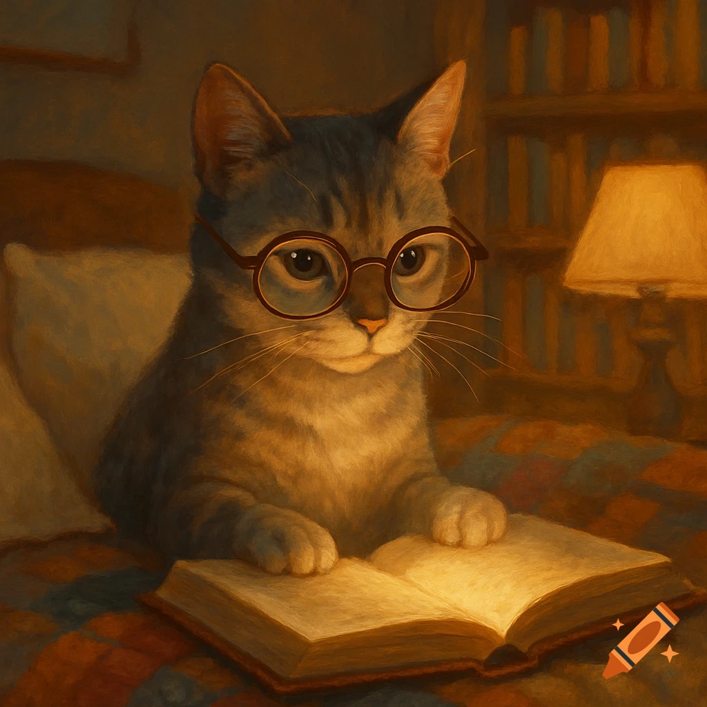 A gray tabby cat with round glasses sits on a bed, reading an open book in a warm, painterly style.