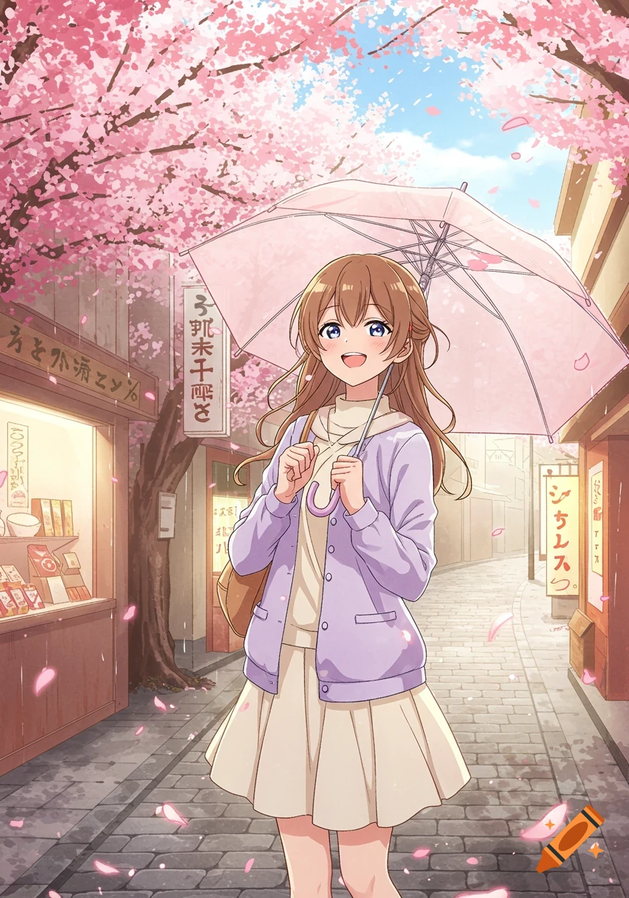 An anime girl with brown hair and a pink umbrella walks down a cherry blossom-lined street. She smiles happily in a purple cardigan.