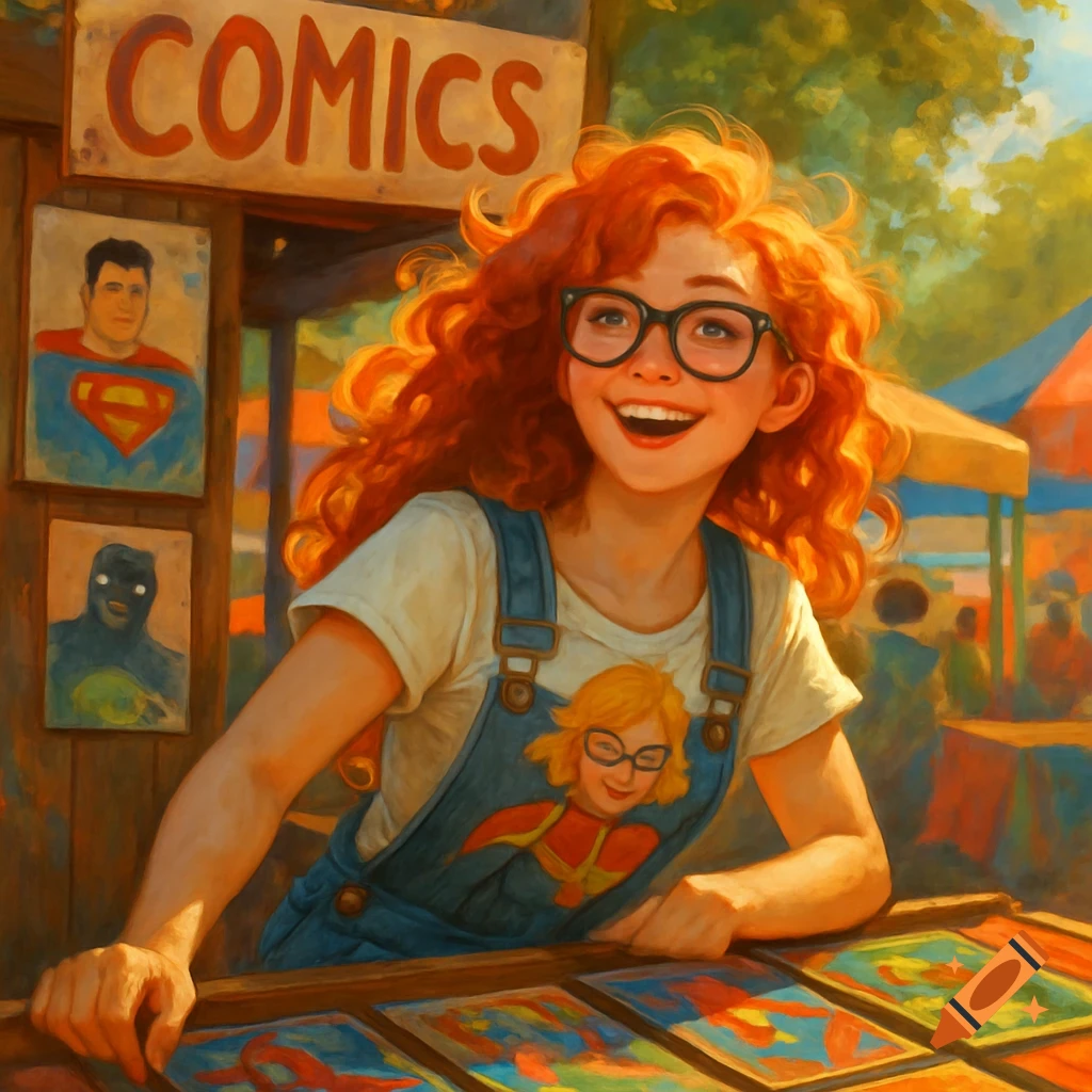 A vibrant illustration of a smiling, red-haired girl with glasses selling comic books at an outdoor stand.
