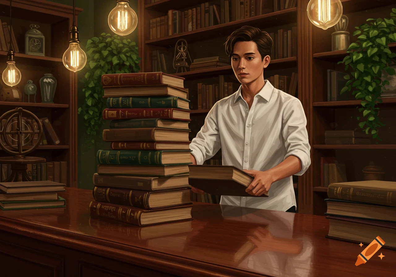 A young man in a white shirt places a book on a stack on a wooden counter in a dimly lit library with bookshelves and lamps, digital art.