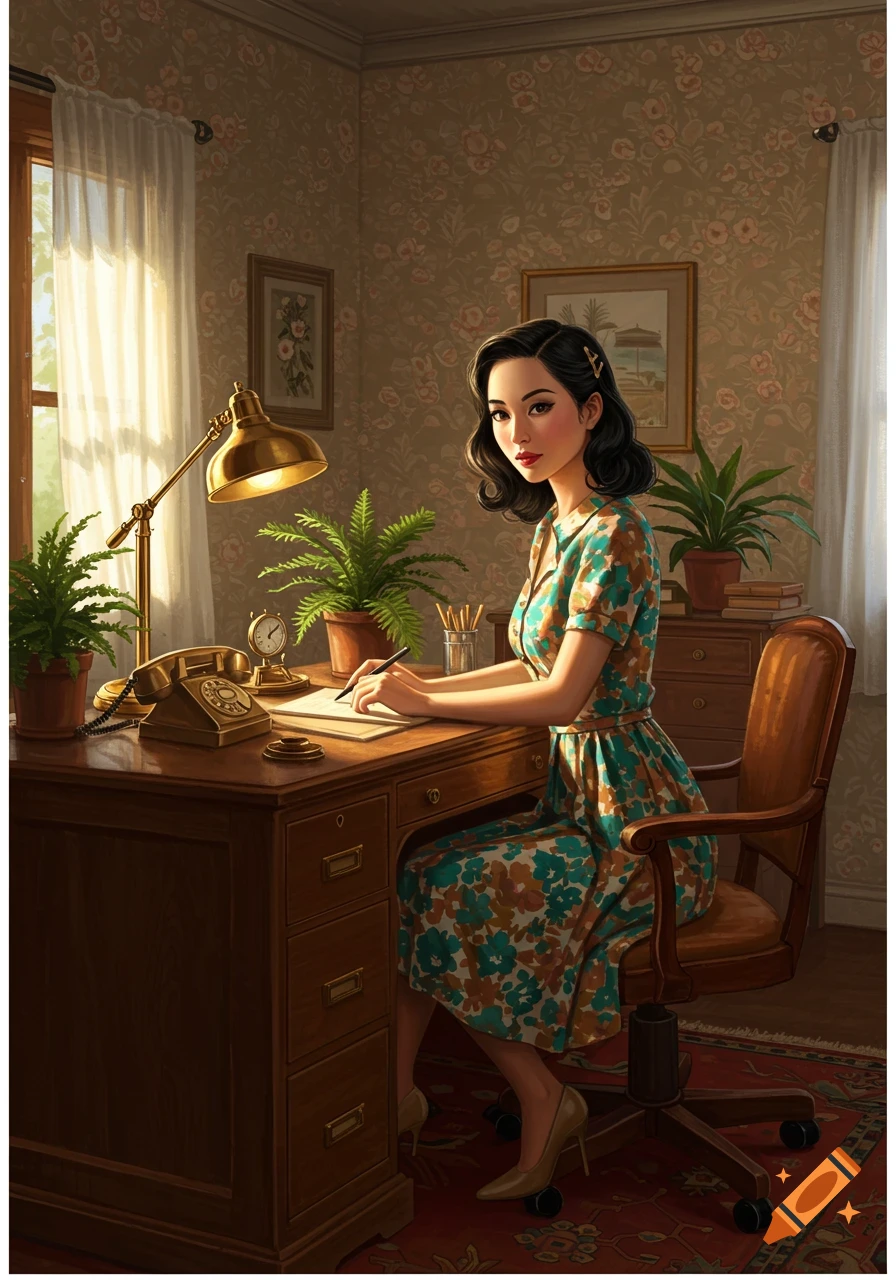 A stylish Asian woman in a retro floral dress sits at a wooden desk in an office, writing.