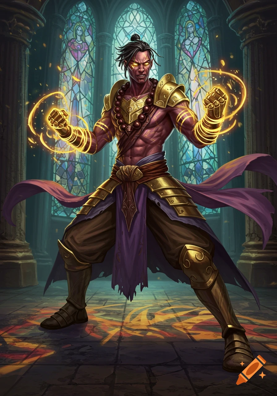 A muscular fantasy warrior monk with glowing fists and red eyes stands in a gothic church with stained glass windows.