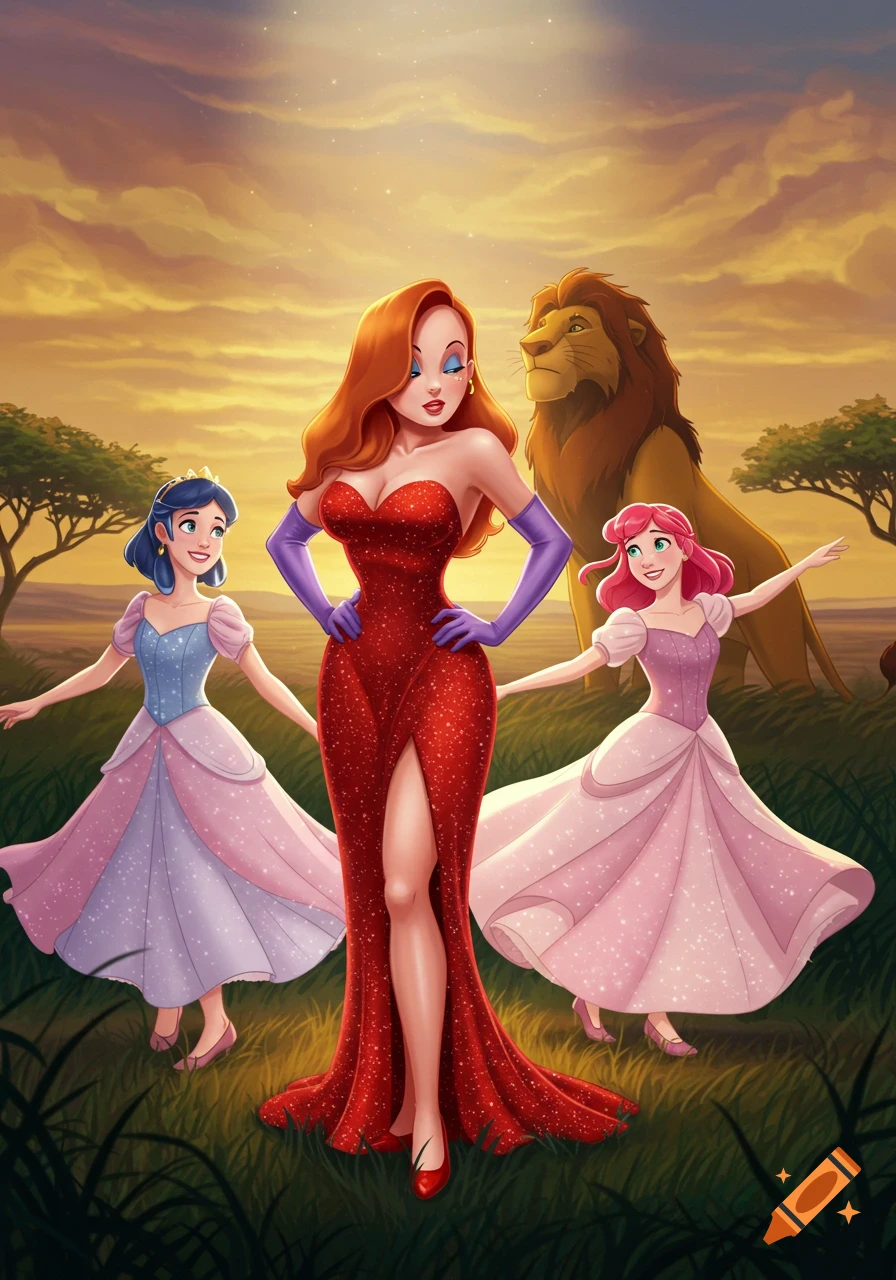 Jessica Rabbit stands between two princesses with a lion in an African savanna at sunset, cartoon style.