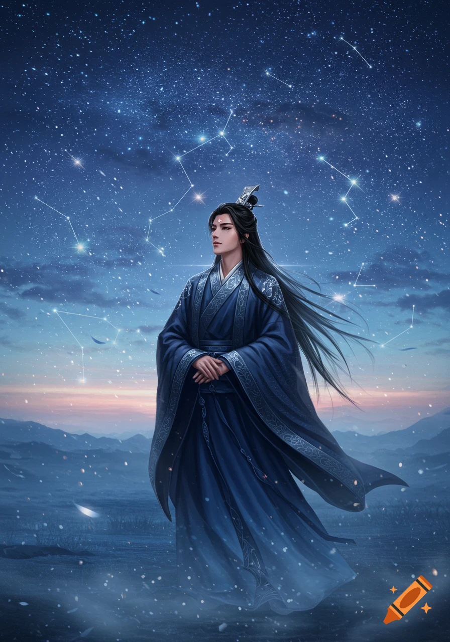 A handsome man in blue traditional Chinese attire stands under a vibrant starry night sky with constellations and distant mountains.