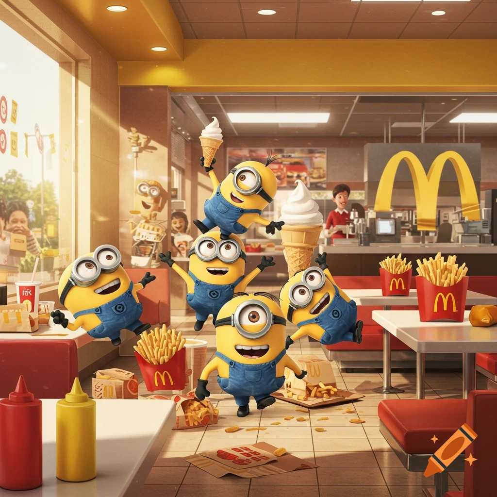 Whimsical scene with several Minions causing playful chaos in a McDonald's restaurant, surrounded by fries and ice cream.